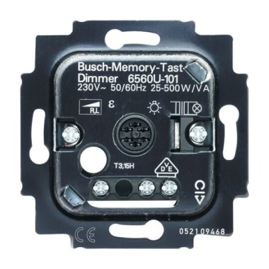 2CKA006560A1207 Механизм светорегулятора Busch-Dimmer для ламп накаливания и НВ галогенных ламп с индуктивным трансформатором, клавишный, 20-500 Вт/Ва, для скрытой установки